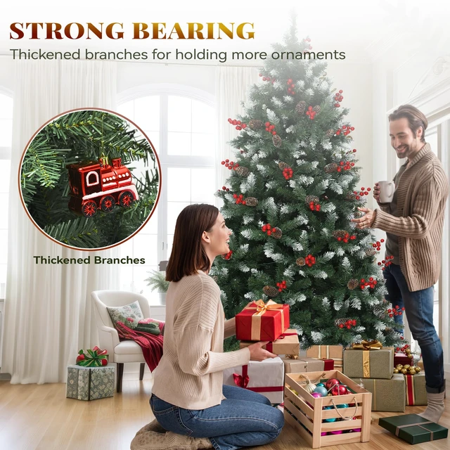 Alt view image 7 of 7 - 6ft Prelit Decorated Pine Christmas Tree with Red Berries & Remote | Artificial Hinged Xmas Tree with 818 Frosted Tips, 250 Lights, 58 Pine Cones & 58 Red Berries for Holiday Party Office Home