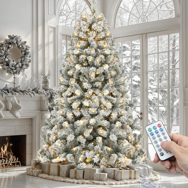Main image of Prelit Snow Flocked Artificial Full Christmas Tree 6ft with Remote Control, Christmas Pine Tree with 11 Light-Modes, 1000 Branch Tips, Foldable Base for Home, Party Decoration