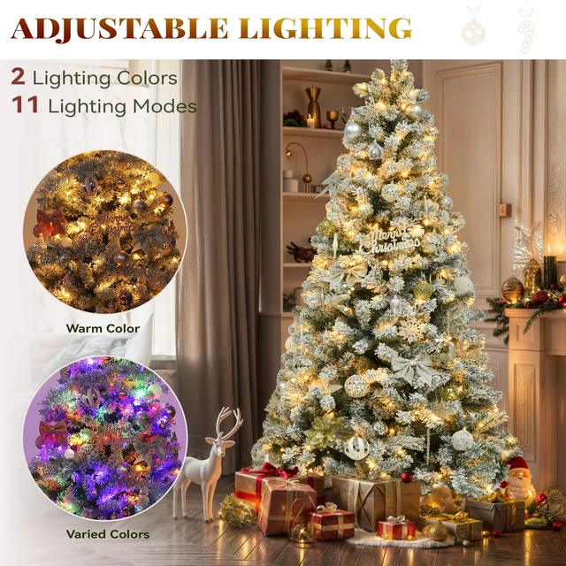 Alt view image 3 of 7 - Prelit Snow Flocked Artificial Full Christmas Tree 6ft with Remote Control, Christmas Pine Tree with 11 Light-Modes, 1000 Branch Tips, Foldable Base for Home, Party Decoration