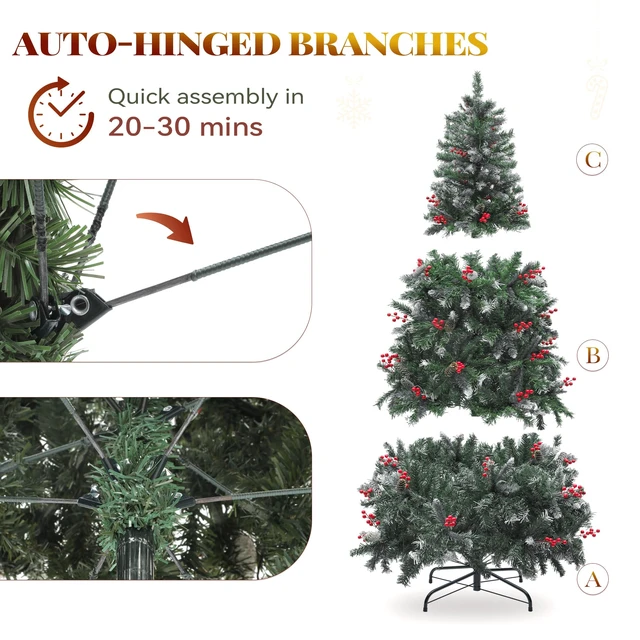 Alt view image 5 of 7 - Prelit Pre-Decorated Christmas Tree 6FT with Remote | Artificial Hinged Christmas Tree with 58 Pine Cones & 58 Red Berries, Xmas Tree with 818 Frosted Tips, 250 Lights