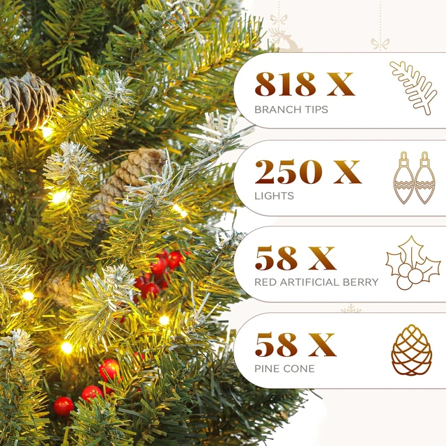 Alt view image 3 of 7 - Prelit Pre-Decorated Christmas Tree 6FT with Remote | Artificial Hinged Christmas Tree with 58 Pine Cones & 58 Red Berries, Xmas Tree with 818 Frosted Tips, 250 Lights