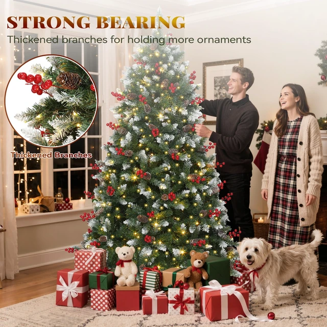Alt view image 2 of 7 - Prelit Pre-Decorated Christmas Tree 6FT with Remote | Artificial Hinged Christmas Tree with 58 Pine Cones & 58 Red Berries, Xmas Tree with 818 Frosted Tips, 250 Lights