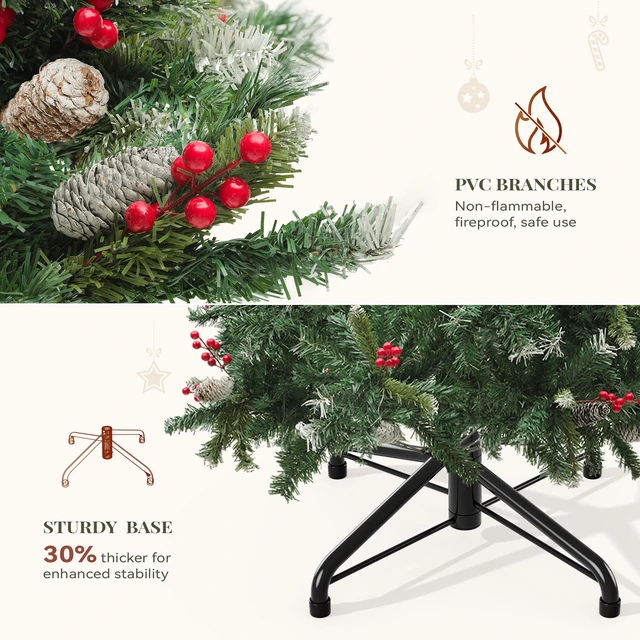 Alt view image 6 of 7 - Prelit Pre-Decorated Christmas Tree 6FT with Remote | Artificial Hinged Christmas Tree with 58 Pine Cones & 58 Red Berries, Xmas Tree with 818 Frosted Tips, 250 Lights
