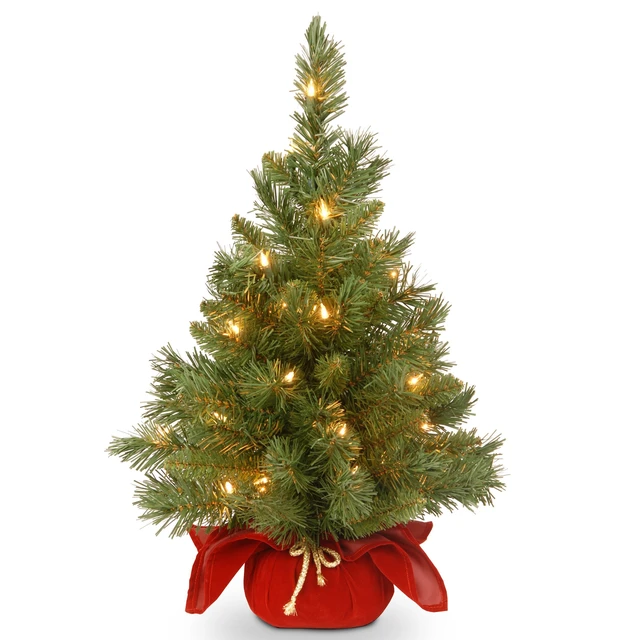 Main image of 24in Pre-Lit Majestic Fir Mini Christmas Tree | 35 Clear Lights, 71 Tips, Red Cloth Base, Artificial, Green