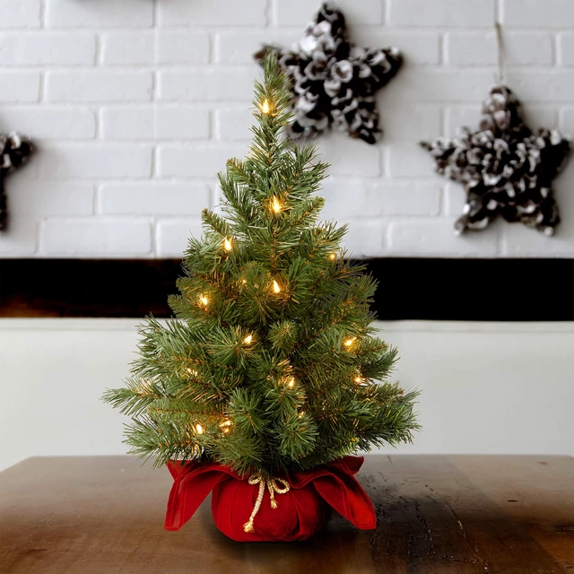 Alt view image 2 of 4 - 24in Pre-Lit Majestic Fir Mini Christmas Tree | 35 Clear Lights, 71 Tips, Red Cloth Base, Artificial, Green