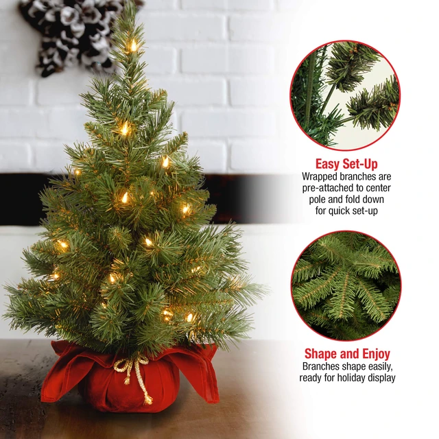 Alt view image 4 of 4 - 24in Pre-Lit Majestic Fir Mini Christmas Tree | 35 Clear Lights, 71 Tips, Red Cloth Base, Artificial, Green