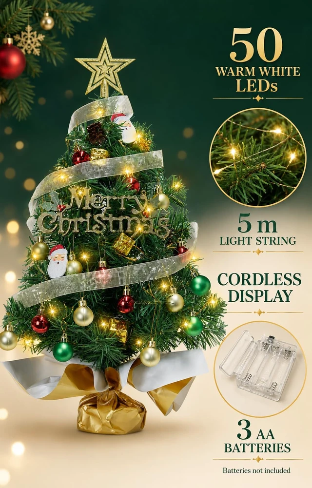 Alt view image 3 of 7 - 24 Inch Mini Christmas Tree with 50 LEDs, DIY Kit, Battery Powered | 2ft Tabletop Tree-70 Branches-For Dorms,Offices,Apartments,Classrooms Desks & Small spaces-Christmas Decorations Gifts