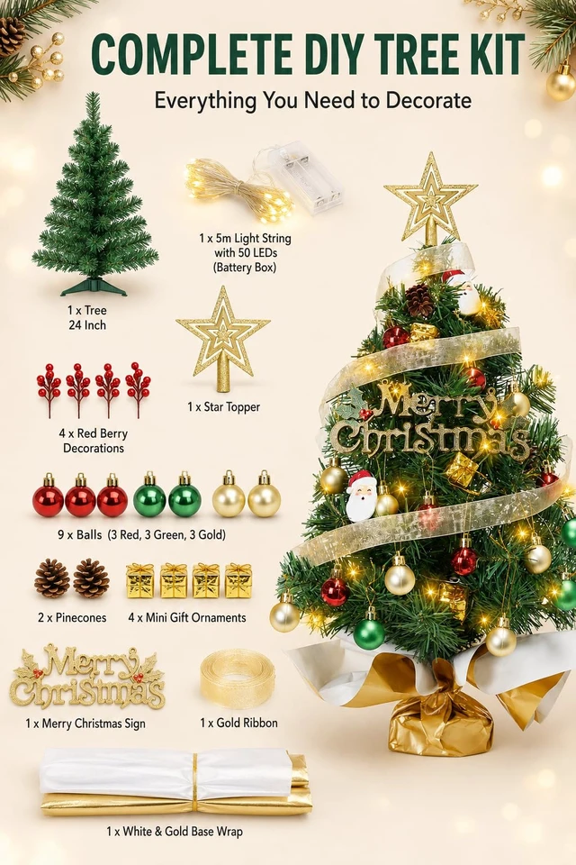 Alt view image 4 of 7 - 24 Inch Mini Christmas Tree with 50 LEDs, DIY Kit, Battery Powered | 2ft Tabletop Tree-70 Branches-For Dorms,Offices,Apartments,Classrooms Desks & Small spaces-Christmas Decorations Gifts