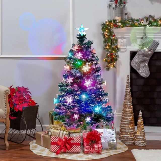 Alt view image 2 of 7 - 4 ft Pre-Lit Artificial Christmas Tree, Lighted Optical Fiber Xmas Trees with RGB Color Changing LED Lights, Snowflakes & Top Star, Festive Party Holiday Fake Multicolored Tree with Metal Legs