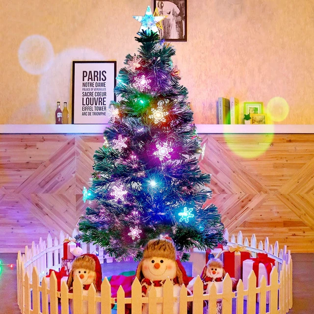 Alt view image 6 of 7 - 4 ft Pre-Lit Artificial Christmas Tree, Lighted Optical Fiber Xmas Trees with RGB Color Changing LED Lights, Snowflakes & Top Star, Festive Party Holiday Fake Multicolored Tree with Metal Legs