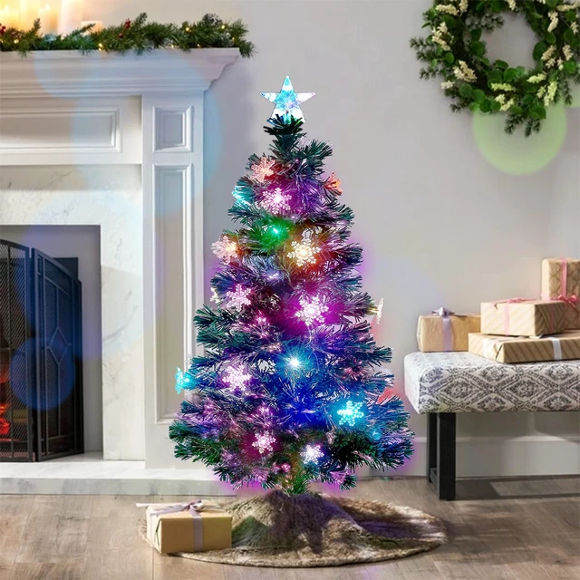 Alt view image 4 of 7 - 4 ft Pre-Lit Artificial Christmas Tree, Lighted Optical Fiber Xmas Trees with RGB Color Changing LED Lights, Snowflakes & Top Star, Festive Party Holiday Fake Multicolored Tree with Metal Legs