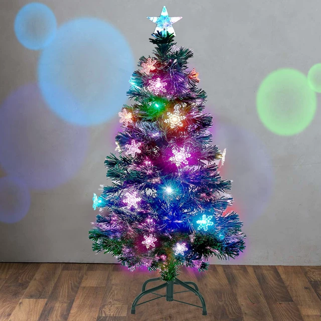 Alt view image 7 of 7 - 4 ft Pre-Lit Artificial Christmas Tree, Lighted Optical Fiber Xmas Trees with RGB Color Changing LED Lights, Snowflakes & Top Star, Festive Party Holiday Fake Multicolored Tree with Metal Legs