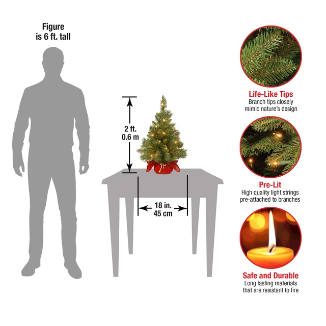 Alt view image 3 of 4 - 24in Pre-Lit Majestic Fir Mini Christmas Tree | 35 Clear Lights, 71 Tips, Red Cloth Base, Artificial, Green