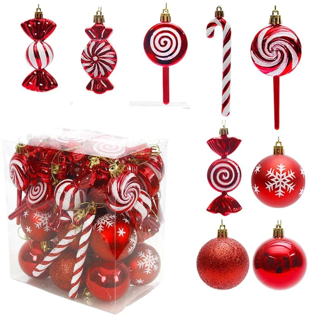 Main image of 36 Pcs Christmas Ornaments, MOYEE Shatterproof Plastic Christmas Ornaments for Tree - Candy Cane Christmas Decorations Candies Christmas Ball Ornaments (Red)