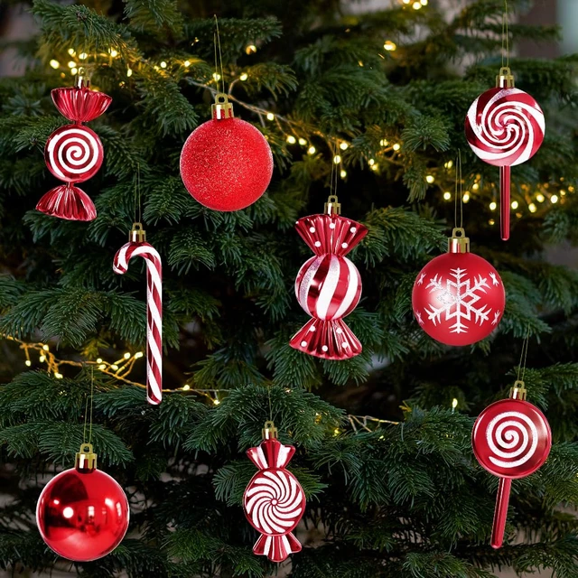 Alt view image 3 of 7 - 36 Pcs Christmas Ornaments, MOYEE Shatterproof Plastic Christmas Ornaments for Tree - Candy Cane Christmas Decorations Candies Christmas Ball Ornaments (Red)