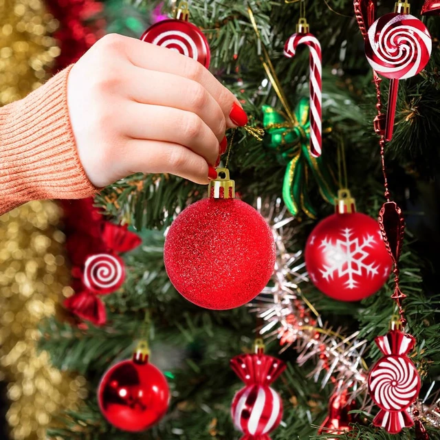 Alt view image 4 of 7 - 36 Pcs Christmas Ornaments, MOYEE Shatterproof Plastic Christmas Ornaments for Tree - Candy Cane Christmas Decorations Candies Christmas Ball Ornaments (Red)