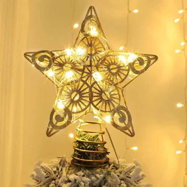 Main image of Star Tree Topper with 20 LED Lights, Metal Golden Lighted Treetop Ornaments, Battery Powered Light Up Christmas Tree Decorations, 6.5 x 6.5 Inches