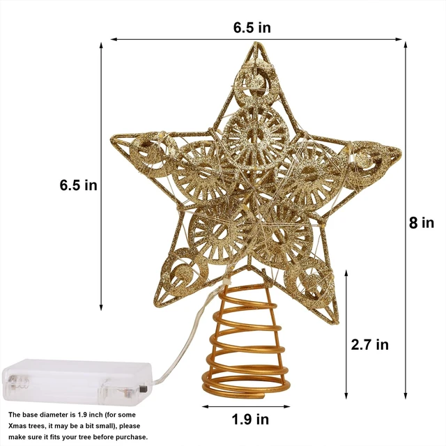 Alt view image 2 of 7 - Star Tree Topper with 20 LED Lights, Metal Golden Lighted Treetop Ornaments, Battery Powered Light Up Christmas Tree Decorations, 6.5 x 6.5 Inches