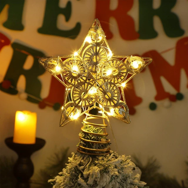 Alt view image 4 of 7 - Star Tree Topper with 20 LED Lights, Metal Golden Lighted Treetop Ornaments, Battery Powered Light Up Christmas Tree Decorations, 6.5 x 6.5 Inches