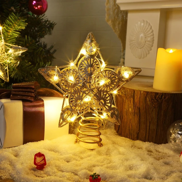 Alt view image 3 of 7 - Star Tree Topper with 20 LED Lights, Metal Golden Lighted Treetop Ornaments, Battery Powered Light Up Christmas Tree Decorations, 6.5 x 6.5 Inches