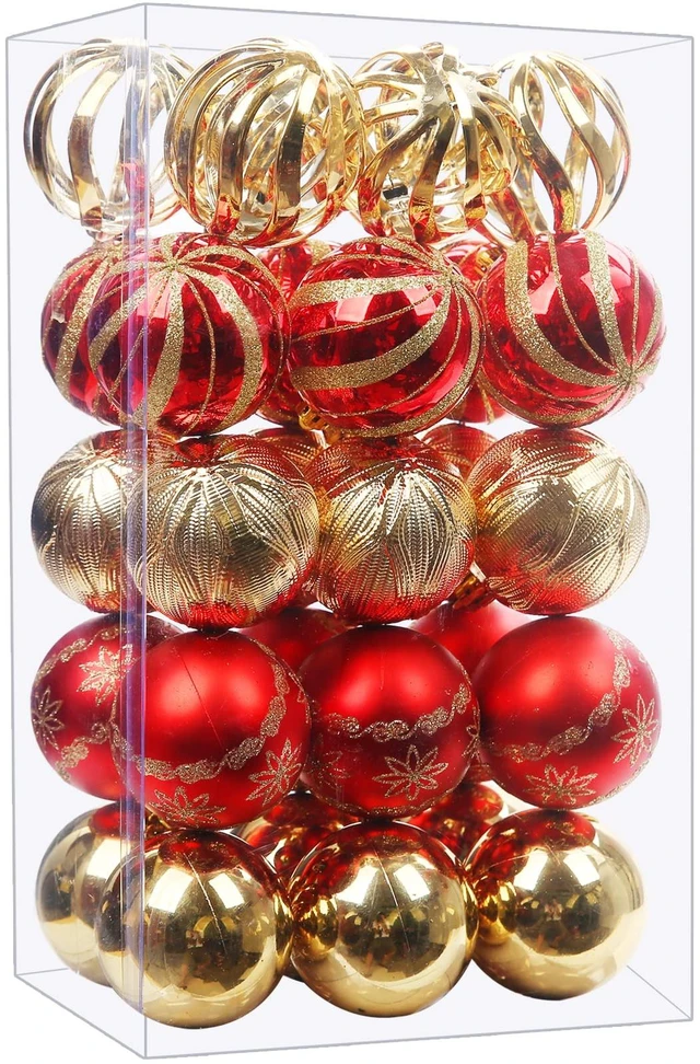 Main image of Christmas Ball Ornaments, 30 pcs 2.36" Shatterproof Baubles Set Red and Gold for Xmas Tree Decorations, Hanging Ornaments for Wedding Party