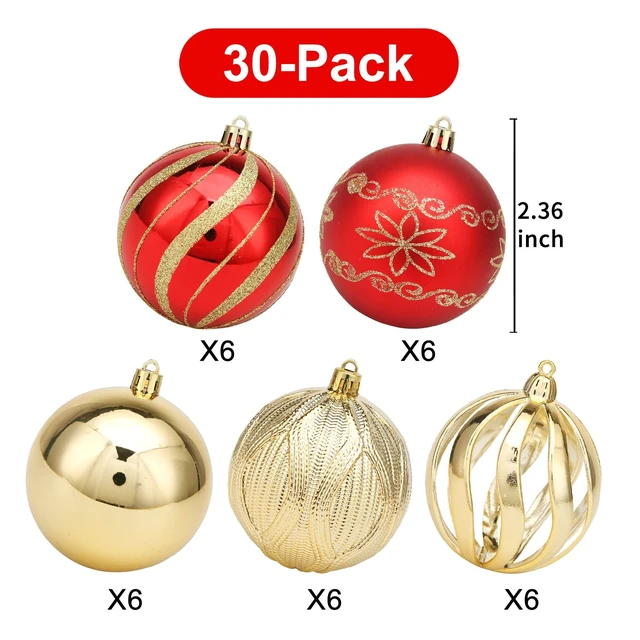 Alt view image 4 of 7 - Christmas Ball Ornaments, 30 pcs 2.36" Shatterproof Baubles Set Red and Gold for Xmas Tree Decorations, Hanging Ornaments for Wedding Party