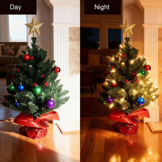 Alt view image 2 of 7 - 24 Inch Tabletop Christmas Tree, Artificial Mini Xmas Pine Tree with LED String Lights and Ornaments,Christmas Decoration Tree Decor