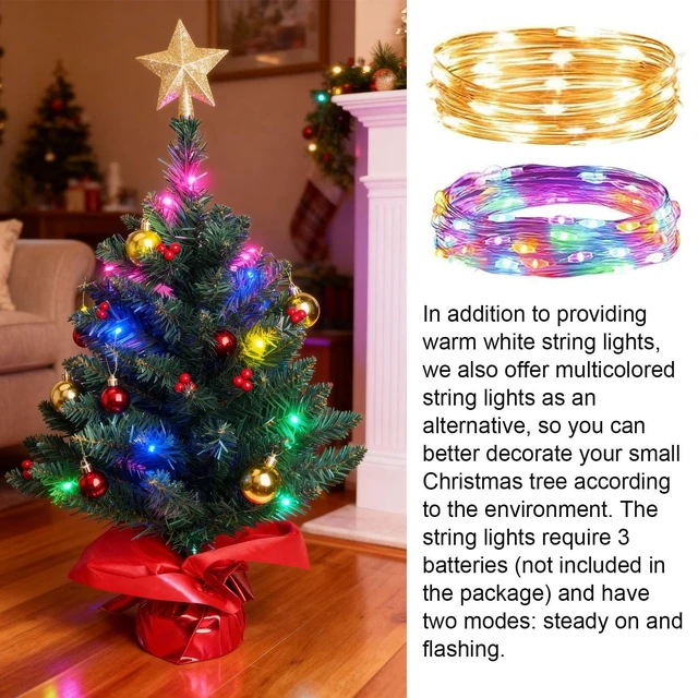 Alt view image 3 of 7 - 24 Inch Tabletop Christmas Tree, Artificial Mini Xmas Pine Tree with LED String Lights and Ornaments,Christmas Decoration Tree Decor