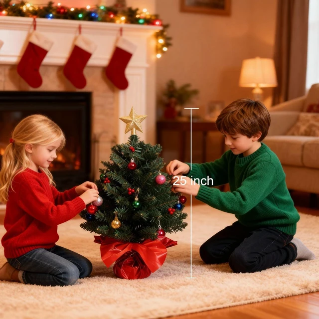 Alt view image 4 of 7 - 24 Inch Tabletop Christmas Tree, Artificial Mini Xmas Pine Tree with LED String Lights and Ornaments,Christmas Decoration Tree Decor