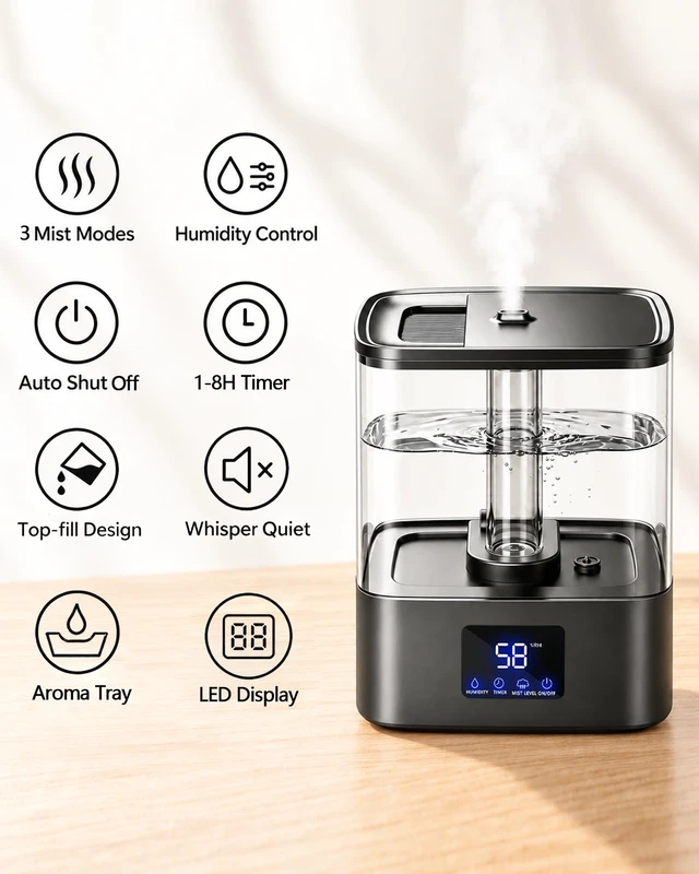 Alt view image 2 of 7 - Humidifiers for Bedroom, 4L Cool Mist Humidifier for Large Room, Black | 40H Runtime, Top Fill, 2-in-1 Oil Diffuser & Air Humidifier for Baby, 28dB Quiet, Humidity Display & Control, Auto Shut-off