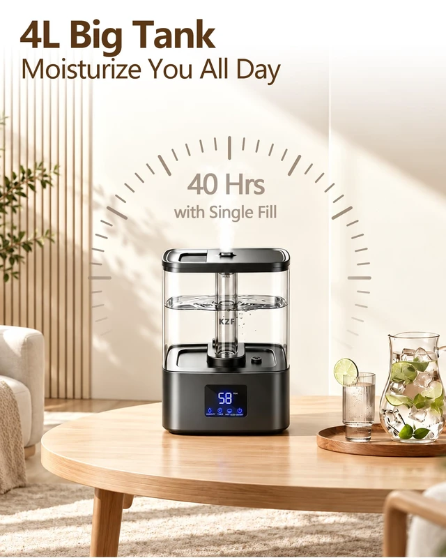 Alt view image 4 of 7 - Humidifiers for Bedroom, 4L Cool Mist Humidifier for Large Room, Black | 40H Runtime, Top Fill, 2-in-1 Oil Diffuser & Air Humidifier for Baby, 28dB Quiet, Humidity Display & Control, Auto Shut-off