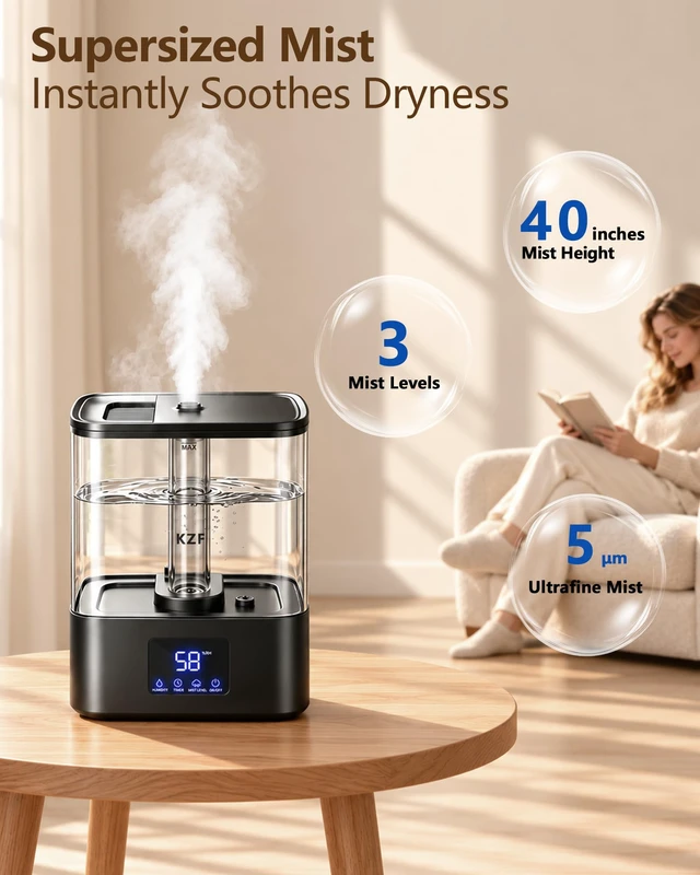Alt view image 5 of 7 - Humidifiers for Bedroom, 4L Cool Mist Humidifier for Large Room, Black | 40H Runtime, Top Fill, 2-in-1 Oil Diffuser & Air Humidifier for Baby, 28dB Quiet, Humidity Display & Control, Auto Shut-off
