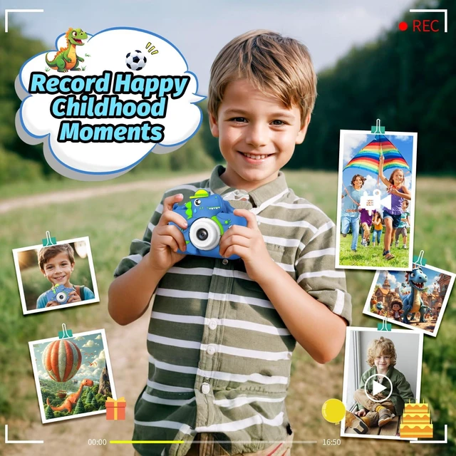 Alt view image 4 of 7 - Dinosaur Kids Camera for Boys Girls, Toddler Digital Selfie Camera with Cute Protective Cover and SD Card, Christmas Birthday Gifts Toys for 3 4 5 6 7 8 9 10 11 12 Years Old Little Girls and Boys