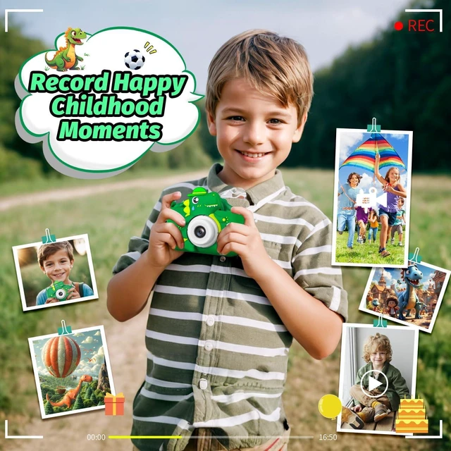 Alt view image 4 of 7 - Dinosaur Kids Camera for Boys Girls, Toddler Digital Selfie Camera with Cute Protective Cover and SD Card, Christmas Birthday Gifts Toys for 3 4 5 6 7 8 9 10 11 12 Years Old Little Girls and Boys
