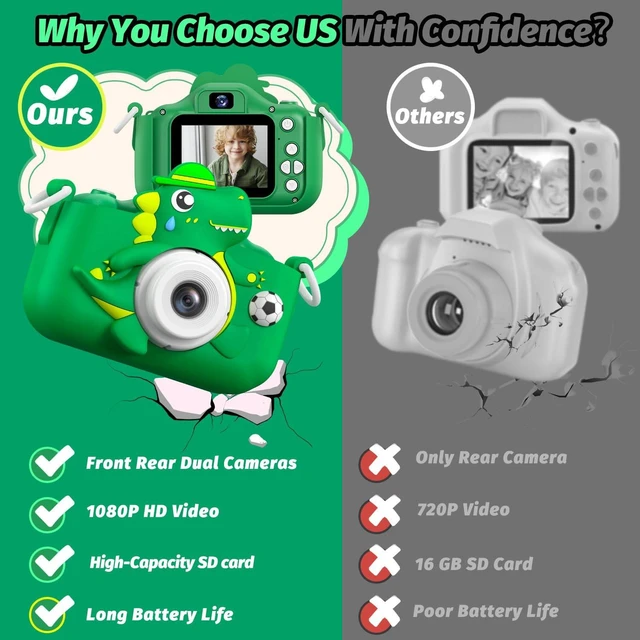 Alt view image 7 of 7 - Dinosaur Kids Camera for Boys Girls, Toddler Digital Selfie Camera with Cute Protective Cover and SD Card, Christmas Birthday Gifts Toys for 3 4 5 6 7 8 9 10 11 12 Years Old Little Girls and Boys