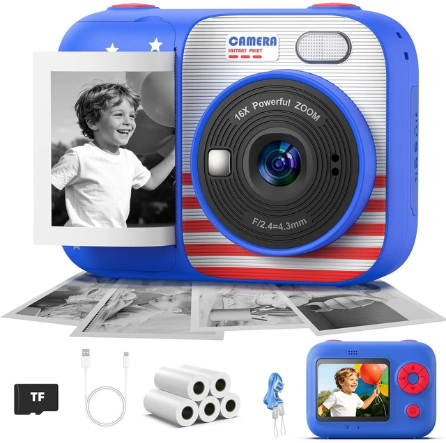 Main image of Kids Instant Print Camera with 5 Rolls Print Paper, 1080P HD Camera, Rechargeable Portable Toddler Selfie Camera, Christmas Birthday Gifts Toys for Boys Girls Age 3-12 (Red & Blue)