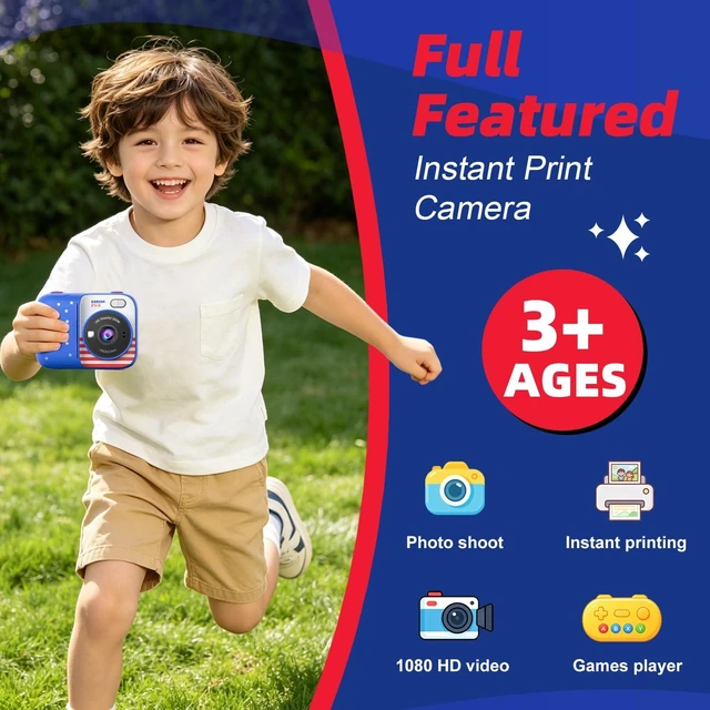 Alt view image 2 of 7 - Kids Instant Print Camera with 5 Rolls Print Paper, 1080P HD Camera, Rechargeable Portable Toddler Selfie Camera, Christmas Birthday Gifts Toys for Boys Girls Age 3-12 (Red & Blue)
