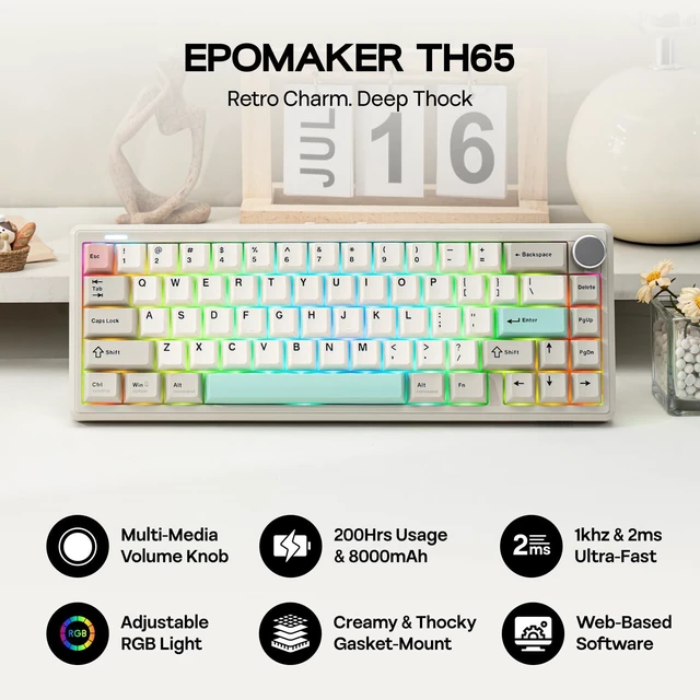 Alt view image 2 of 7 - TH65 Wireless Mechanical Gaming Keyboard with Knob & 8000mAh | Adjustable Kickstand for Comfort Typing, 65%, BT/2.4GHz/USB-C, Hot-Swap, Creamy&Thocky Gasket (Retro White, Creamy Jade)