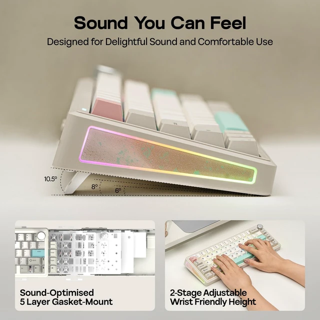 Alt view image 4 of 7 - TH65 Wireless Mechanical Gaming Keyboard with Knob & 8000mAh | Adjustable Kickstand for Comfort Typing, 65%, BT/2.4GHz/USB-C, Hot-Swap, Creamy&Thocky Gasket (Retro White, Creamy Jade)