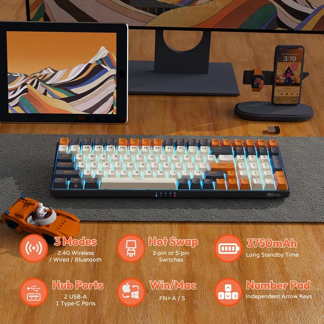 Alt view image 5 of 7 - RK100 Wireless Mechanical Keyboard RGB Backlit Bluetooth5.1/2.4G/Wired 96% Full Size 100-Key Hot Swappable Gaming Keyboard Brown Switch Carbon