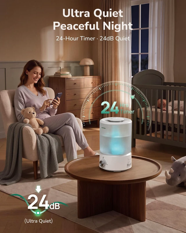 Alt view image 4 of 7 - 2.5L Top Fill Humidifier for Bedroom, 25H Runtime, 24dB Quiet, White | Easy to Clean,7-Color Night Light,Built-in Oil Diffuser,Cool Mist Humidifier for Large Room,Baby Nursery,Plants
