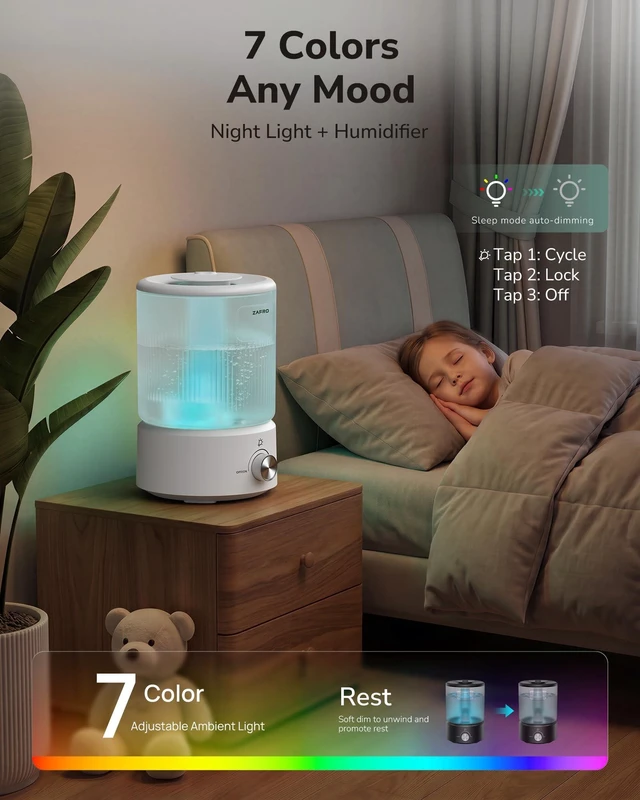 Alt view image 7 of 7 - 2.5L Top Fill Humidifier for Bedroom, 25H Runtime, 24dB Quiet, White | Easy to Clean,7-Color Night Light,Built-in Oil Diffuser,Cool Mist Humidifier for Large Room,Baby Nursery,Plants