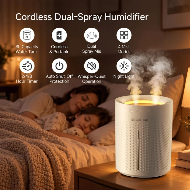 Alt view image 2 of 7 - Air Humidifier for Bedroom Baby, 3L Top Fill Dual Spray Portable | Tap & mineral water safe: easy clean 3L cordless home humidifier with dual spray, 4000mAh battery, 30H & auto shut-off