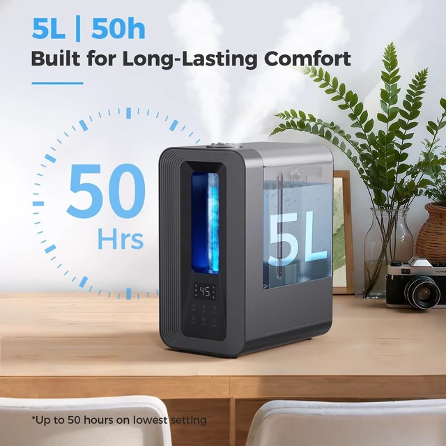 Alt view image 2 of 7 - 5L Humidifiers for Bedroom Large Room Cool Mist Smart Humidistat | 50H Runtime Ultrasonic, 25dB Quiet, 24H Timer, Top Fill, 7-Color Light, Essential Oil Tray, Humidifier for Home Plants Baby