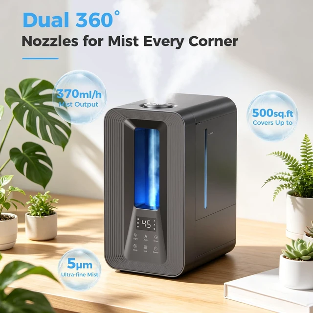 Alt view image 3 of 7 - 5L Humidifiers for Bedroom Large Room Cool Mist Smart Humidistat | 50H Runtime Ultrasonic, 25dB Quiet, 24H Timer, Top Fill, 7-Color Light, Essential Oil Tray, Humidifier for Home Plants Baby