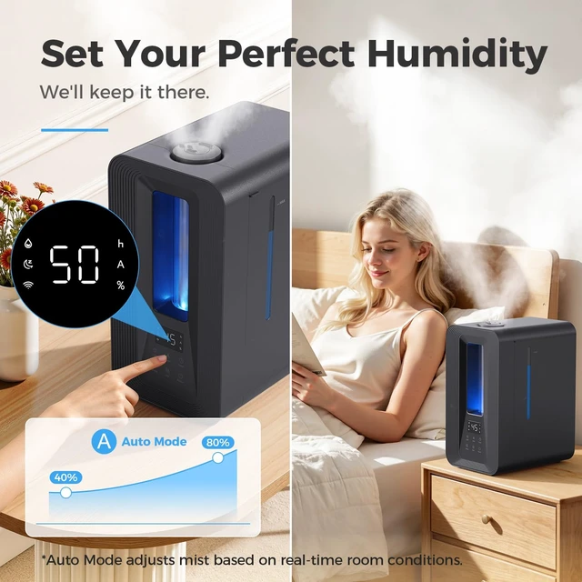 Alt view image 5 of 7 - 5L Humidifiers for Bedroom Large Room Cool Mist Smart Humidistat | 50H Runtime Ultrasonic, 25dB Quiet, 24H Timer, Top Fill, 7-Color Light, Essential Oil Tray, Humidifier for Home Plants Baby