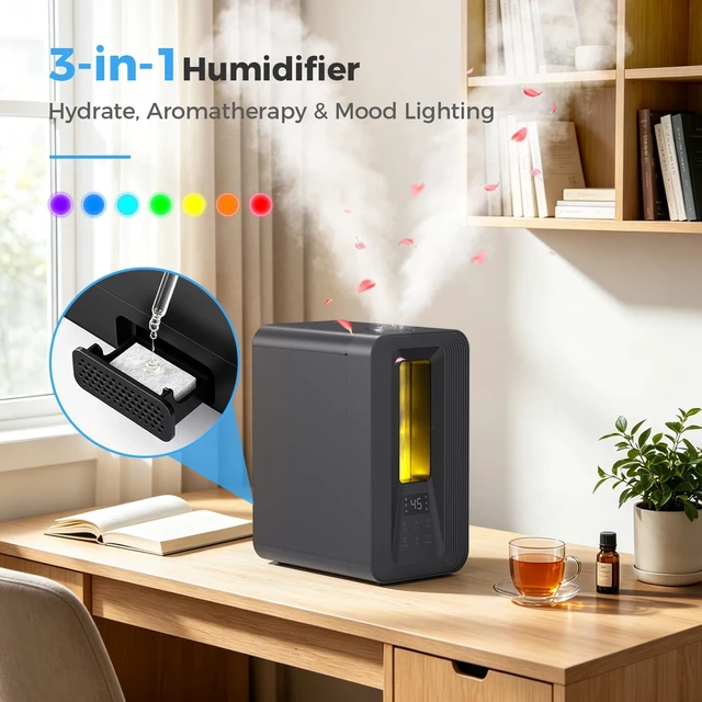 Alt view image 4 of 7 - 5L Humidifiers for Bedroom Large Room Cool Mist Smart Humidistat | 50H Runtime Ultrasonic, 25dB Quiet, 24H Timer, Top Fill, 7-Color Light, Essential Oil Tray, Humidifier for Home Plants Baby