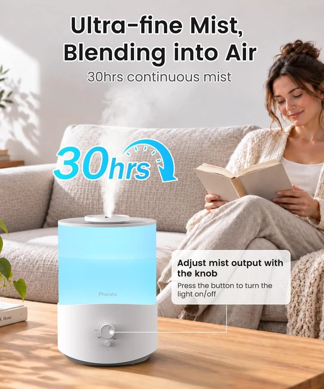 Alt view image 4 of 7 - Humidifiers for Bedroom Large Room, 2.5L Cool Mist Humidifier with Essential Oil Diffuser, Top Fill Humidifier for Baby, Home, Plant, Ultrasonic Humidification for whole house, Auto Shut-Off