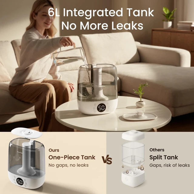 Alt view image 3 of 7 - 6L Easy Clean Humidifier for Large Room, Warm & Cool Mist, Quiet | No-Leak Design, Top Fill, 60H Runtime, 28dB Ultrasonic, Auto Mode, Remote Control for Bedroom, Living Room, Home