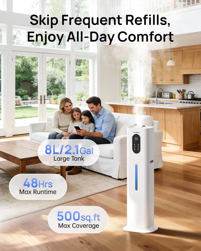 Alt view image 2 of 7 - Humidifiers for Bedroom 500 sq ft,2.1Gal/8L Dual Mist Humidifier Large Room | With Essential Oil Diffuser, Night Light,Top Fill,Quiet,For Home,Whole House,Office,Plants,Baby,Nursery,Kids,Adults,White